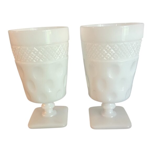 Vtg Milk Glass Goblets Set Of 2 With Diamond & Thumbprint Pattern Pedestal 5.5" - Picture 2 of 6